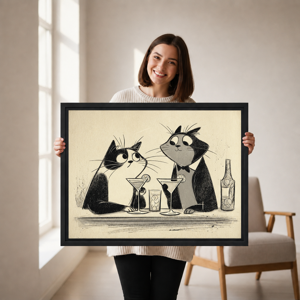 Smiling woman holding framed retro sketch martini cats canvas wall art to show its size