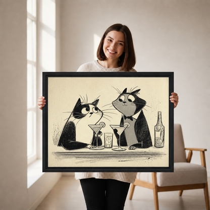Smiling woman holding framed retro sketch martini cats canvas wall art to show its size