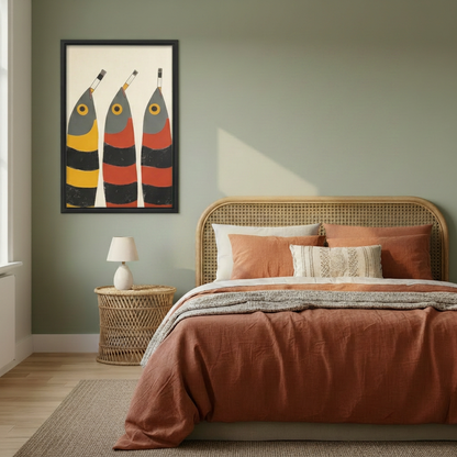 Black-framed retro three fish canvas wall art on a green bedroom wall beside a rattan bed.