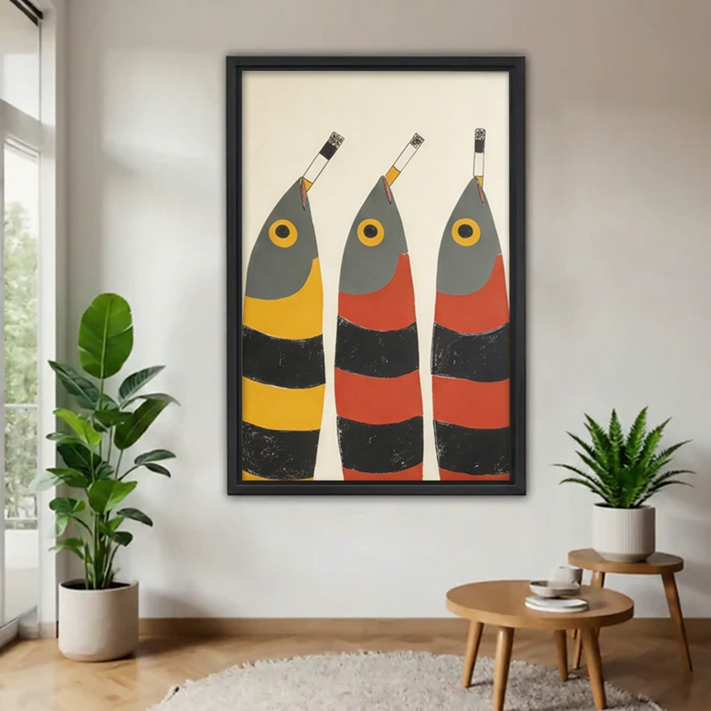 Retro three fish canvas wall art in a black frame displayed between potted plants beside wooden tables.