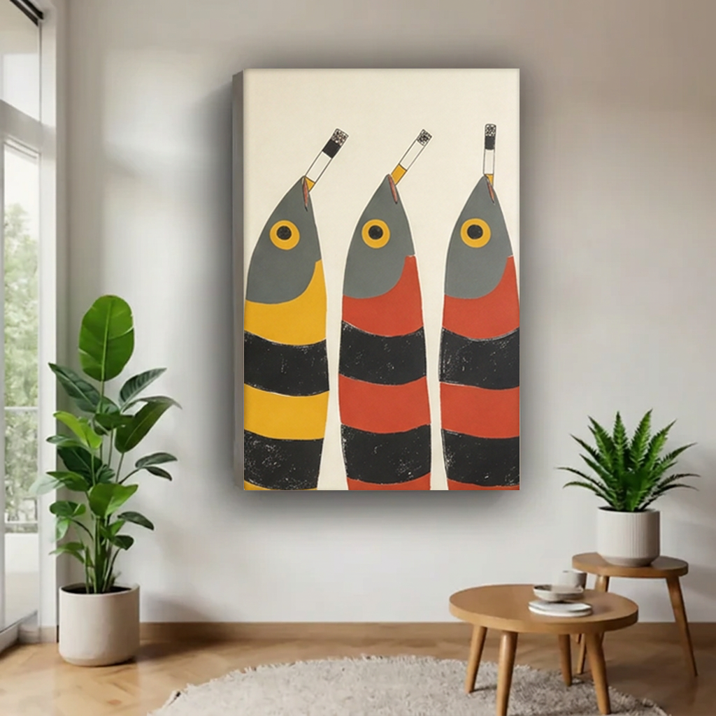 Gallery-wrap retro three fish canvas wall art with visible canvas edges displayed beside plants and wooden tables.