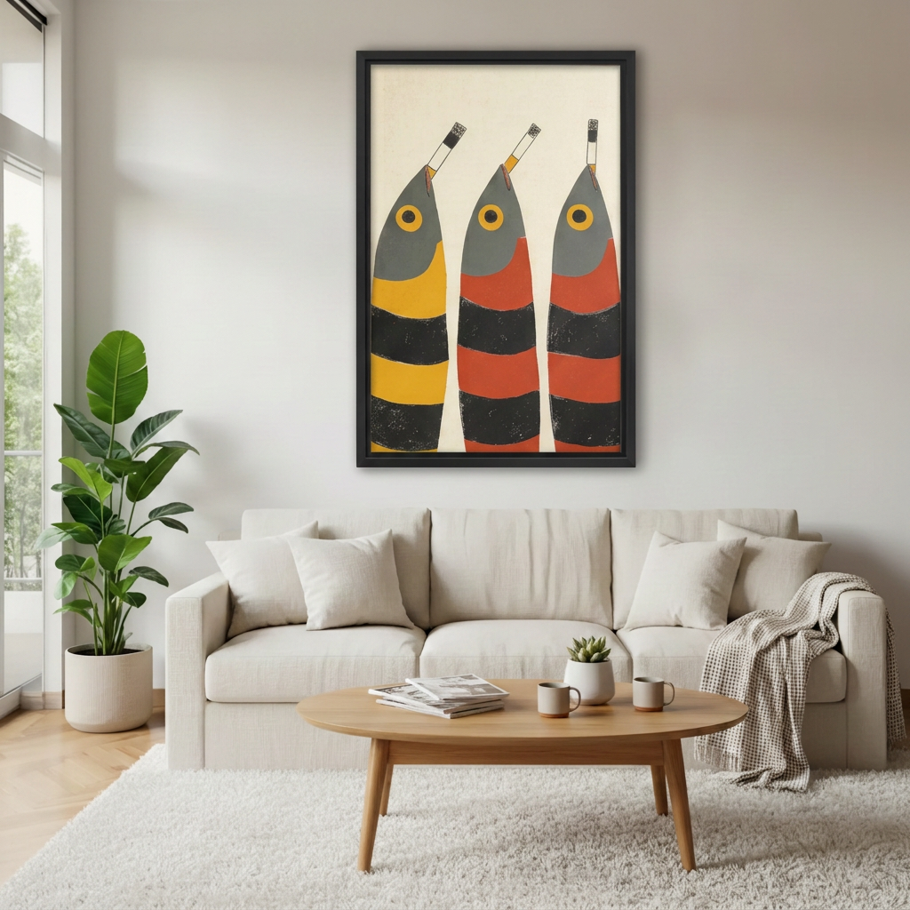 Retro three fish canvas wall art in a black frame above a cream sofa in a bright living room.