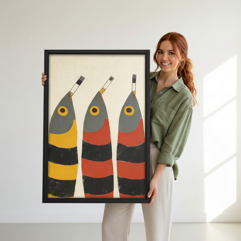 Woman holding black-framed retro three fish canvas wall art with yellow, orange-red and black stripes.