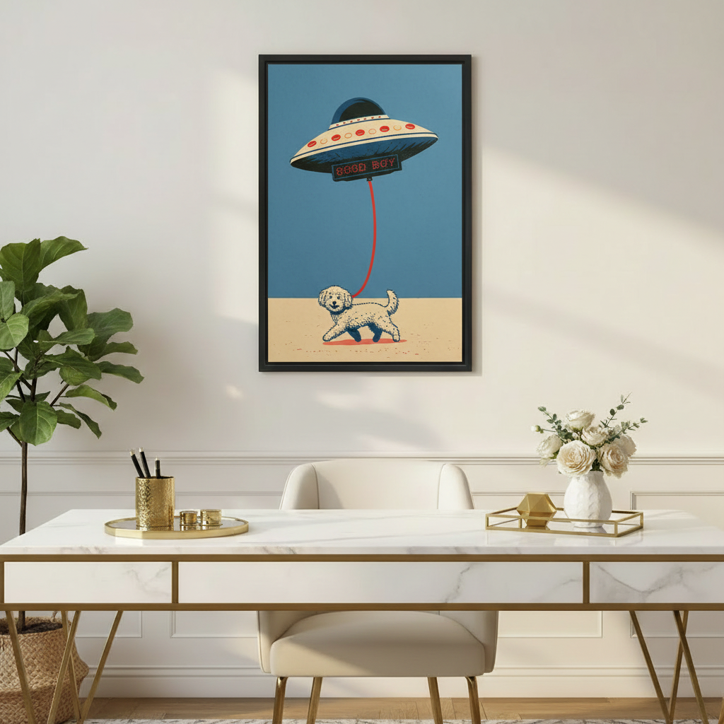 Retro UFO dog wall art framed canvas displayed in modern home office