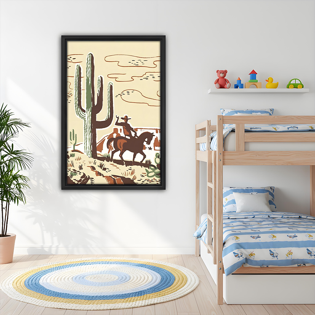 Retro western cowboy and cactus desert framed canvas wall art hung on white wall beside wooden bunk bed in children's bedroom