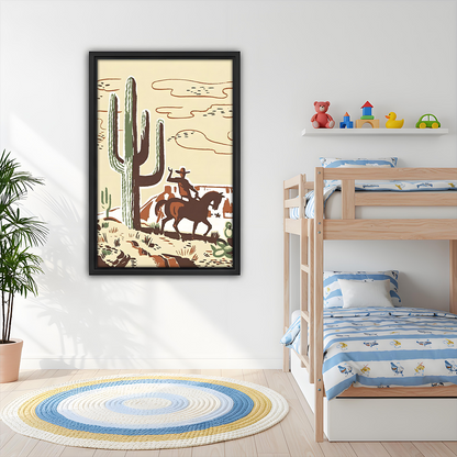 Retro western cowboy and cactus desert framed canvas wall art hung on white wall beside wooden bunk bed in children's bedroom