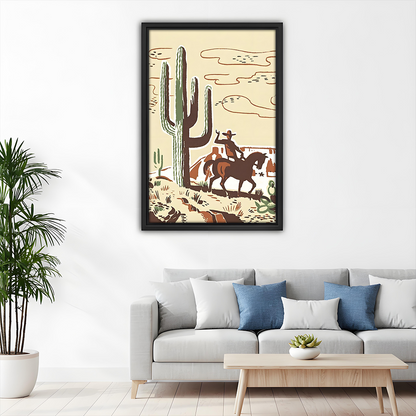 Retro western cowboy desert canvas wall art in black frame above gray sofa with blue accent pillows in minimalist living room
