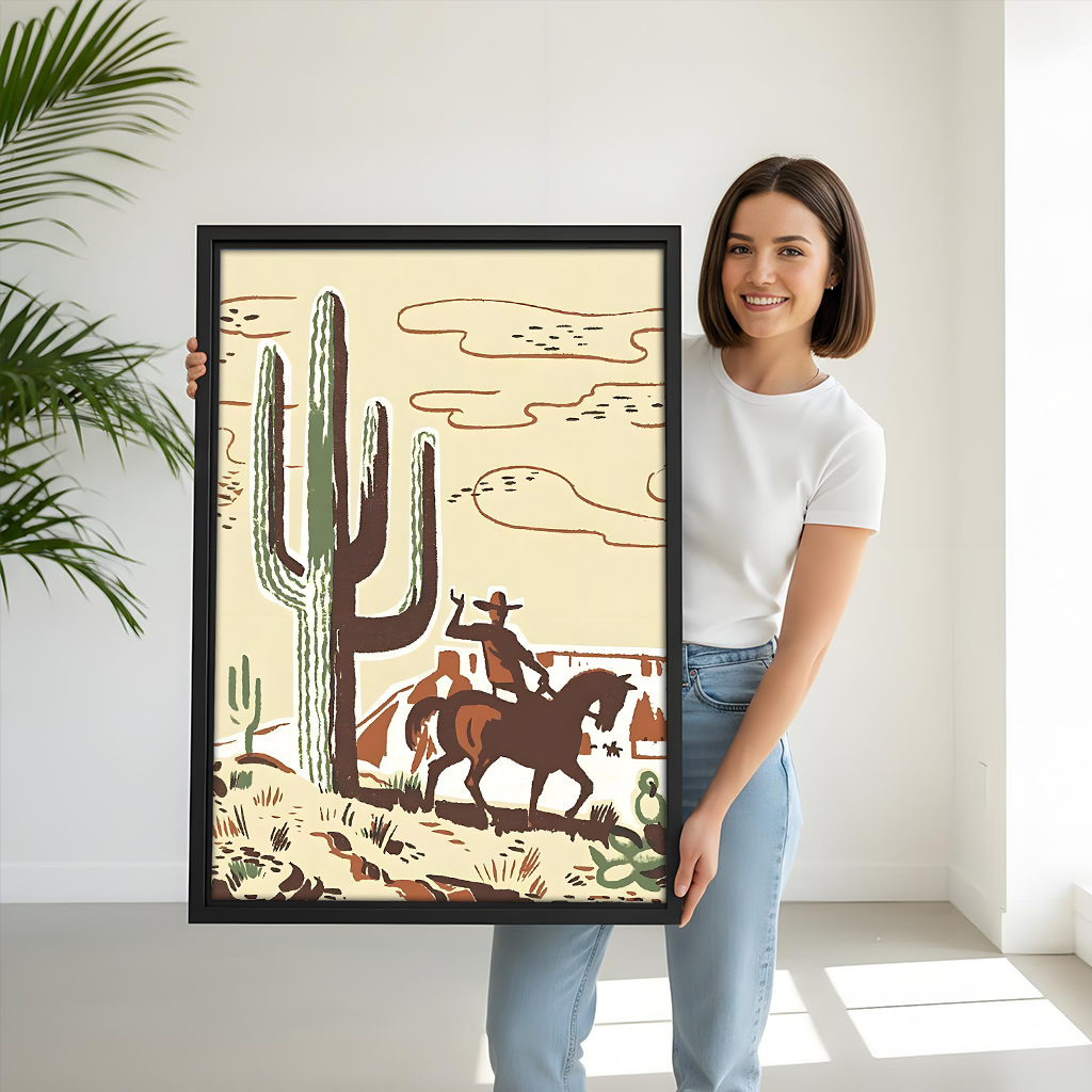 Smiling woman holding large retro western cowboy desert framed canvas print to show size scale in bright white room