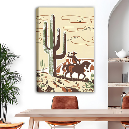 Retro western cowboy desert gallery wrap canvas wall art without frame displayed above wood dining table in warm-toned dining room
