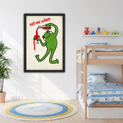 Retro wine frog canvas wall art in a black frame beside a wooden bunk bed in a sunny kids room