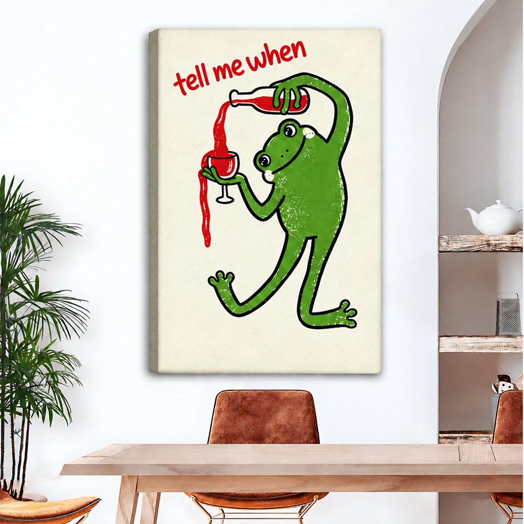 Unframed gallery-wrap retro wine frog canvas wall art with wrapped edges over a dining table