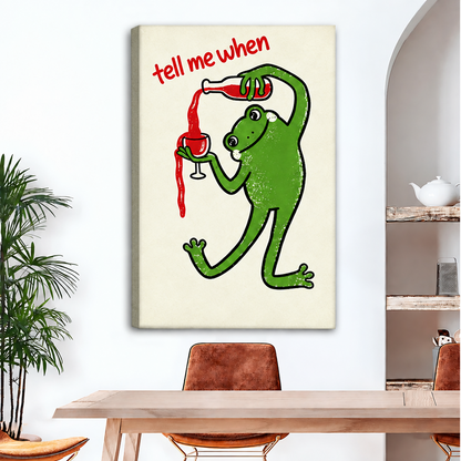 Unframed gallery-wrap retro wine frog canvas wall art with wrapped edges over a dining table