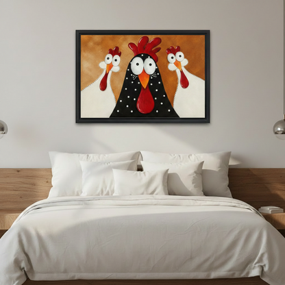  Framed rooster canvas wall art with bold farmhouse colors displayed above a modern white bedding in bedroom setting