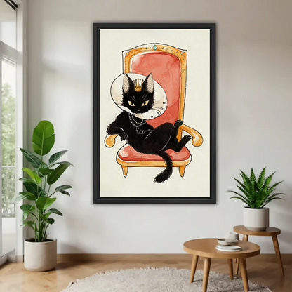 Framed royal black cat canvas wall art with a crown and coral throne displayed above a cream living room sofa.