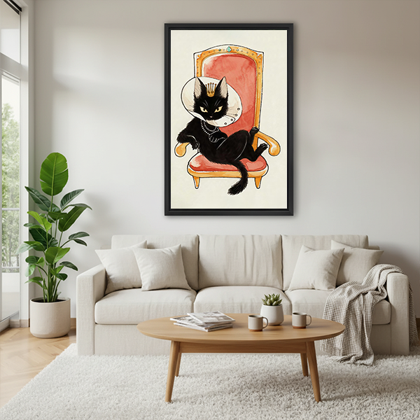 Black-framed royal black cat canvas wall art with a coral throne and cream background displayed above wooden nesting tables.
