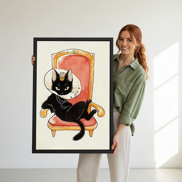 Black-framed royal black cat canvas wall art displayed beside a rattan headboard and terracotta bedding in a bedroom.