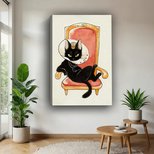 Gallery-wrap royal black cat canvas wall art featuring a recovery cone and gold-trimmed throne displayed between potted plants.
