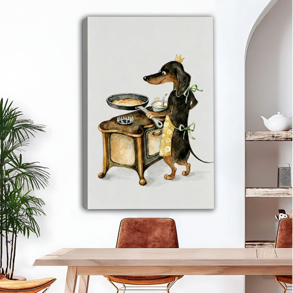 Frameless gallery wrap canvas of crowned dachshund in yellow apron cooking at vintage stove in cozy dining room