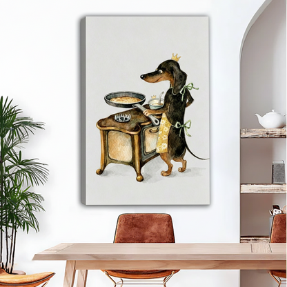 Frameless gallery wrap canvas of crowned dachshund in yellow apron cooking at vintage stove in cozy dining room