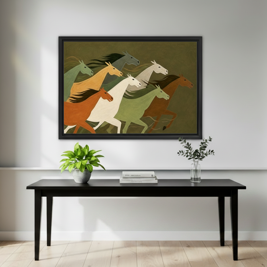 Folk art running horses framed canvas wall art displayed in hallway above wooden entryway console table
