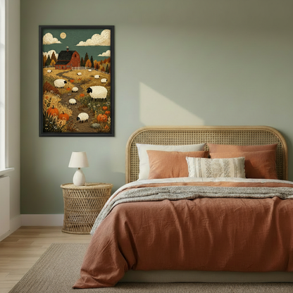 Framed rustic autumn sheep farm canvas wall art displayed above a warm-toned bedroom.