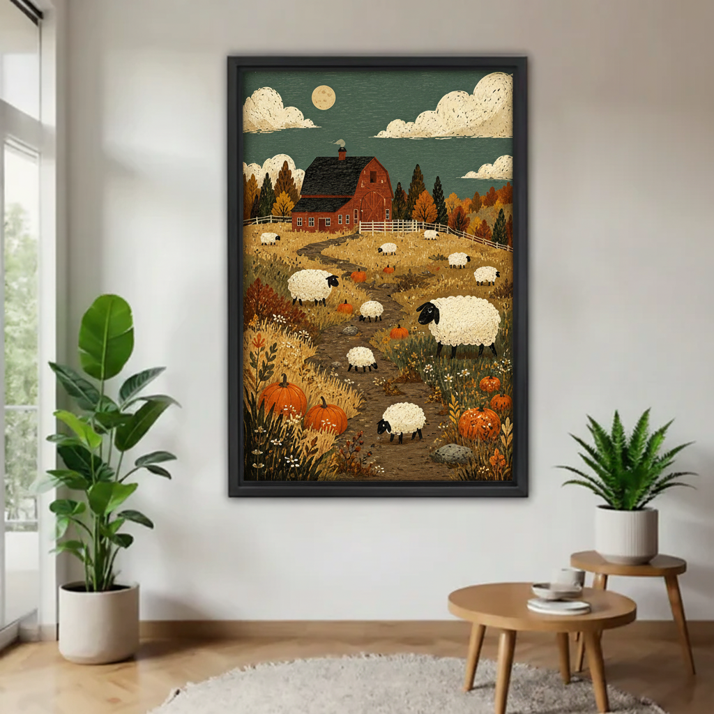 Framed rustic autumn sheep farm canvas wall art displayed between indoor plants in a sunlit room.