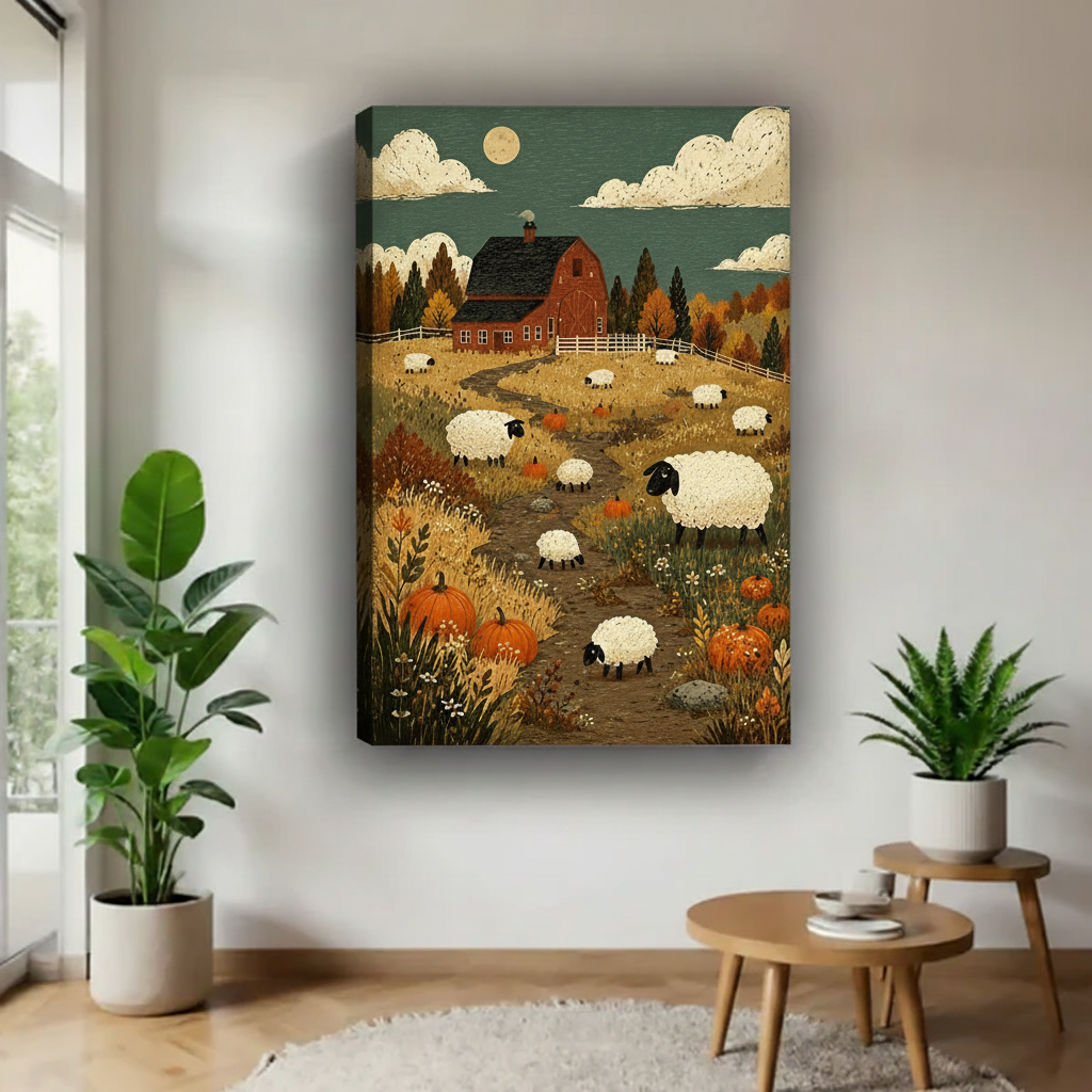 Rustic autumn sheep farm canvas wall art shown as a gallery-wrap canvas with visible side depth