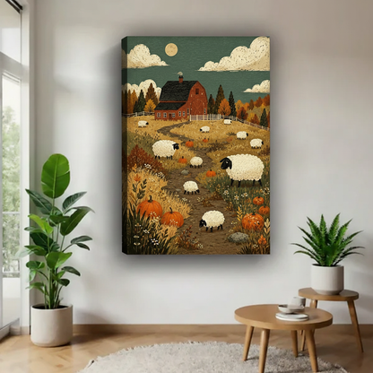 Rustic autumn sheep farm canvas wall art shown as a gallery-wrap canvas with visible side depth