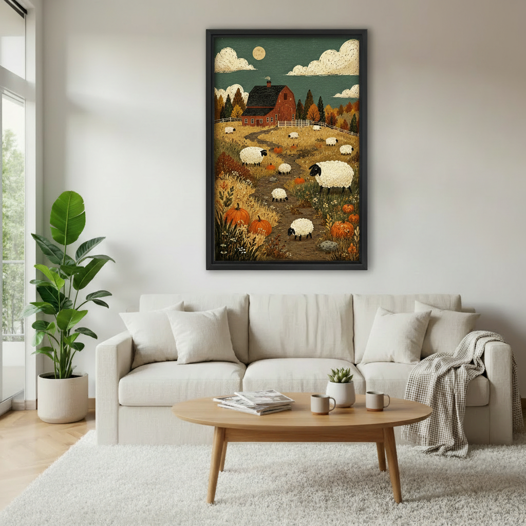 Rustic autumn sheep farm canvas wall art displayed above a neutral sofa in a bright living room.