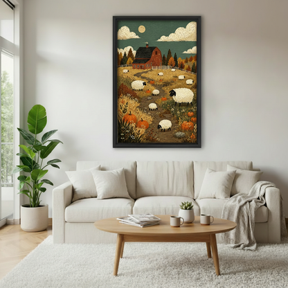 Rustic autumn sheep farm canvas wall art displayed above a neutral sofa in a bright living room.
