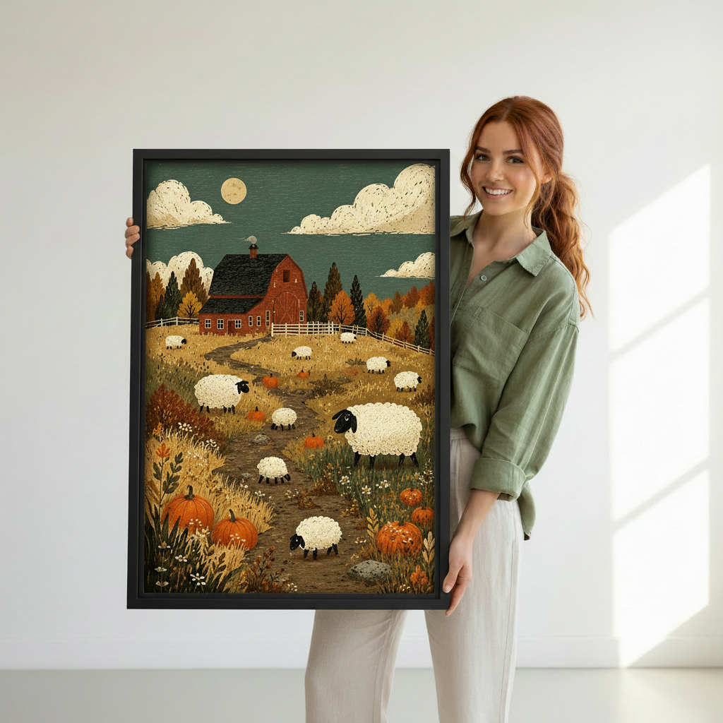 Framed rustic autumn sheep farm canvas wall art held by a woman to show its scale.