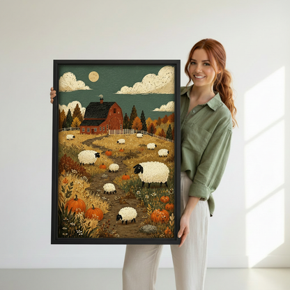 Framed rustic autumn sheep farm canvas wall art held by a woman to show its scale.