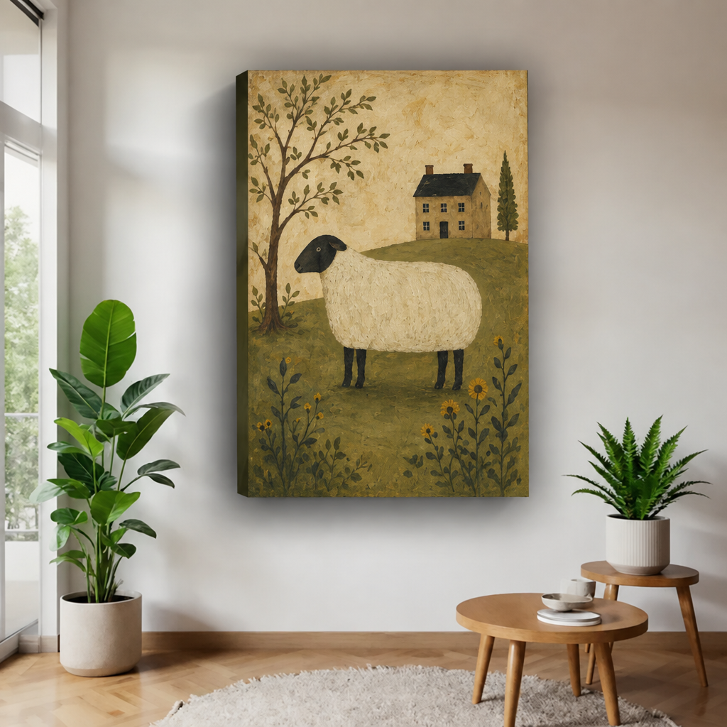 Unframed rustic folk art sheep canvas wall art featuring a country cottage, leafy tree, and yellow wildflowers.