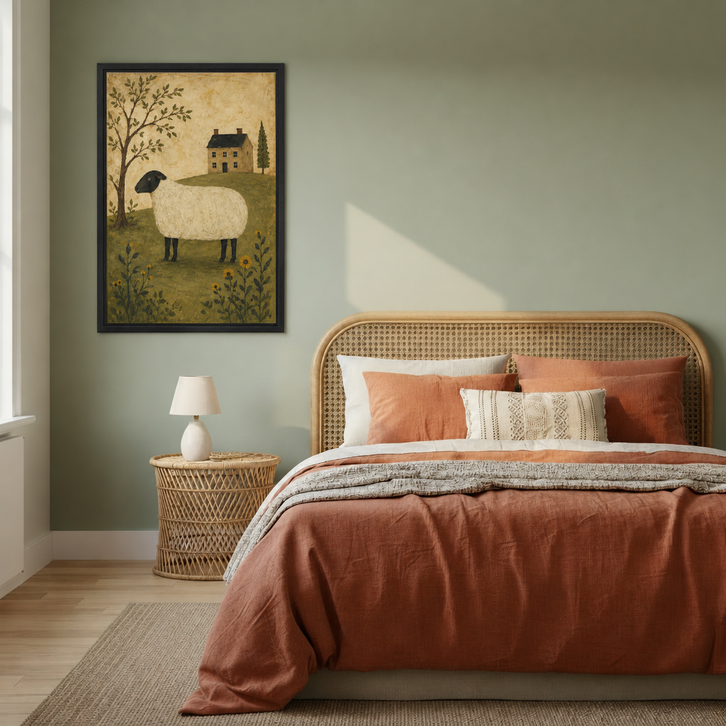 Framed rustic folk art sheep wall art beside a rattan bed with terracotta bedding against a green wall.