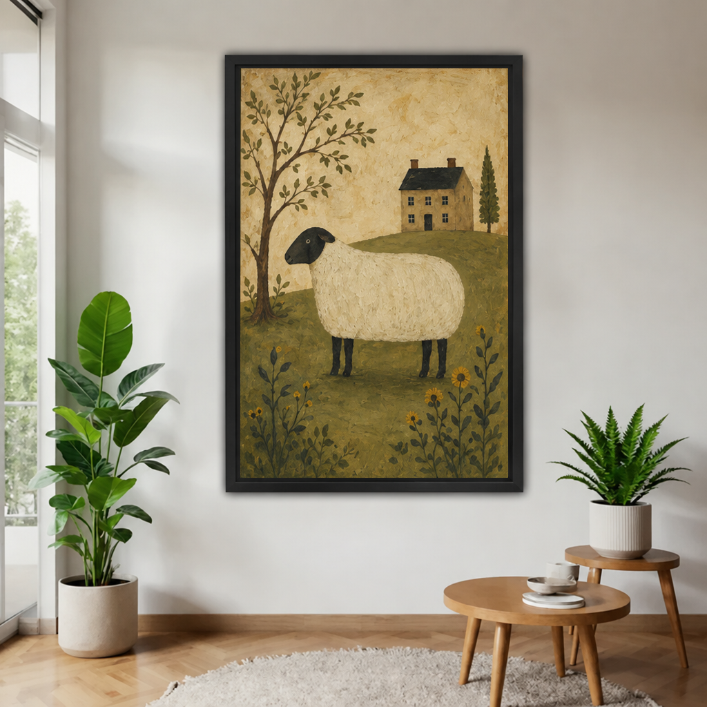 Rustic folk art sheep wall art in a black frame, displayed near a window between potted plants.