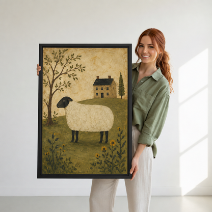 Woman holding black-framed rustic folk art sheep wall art depicting a cream sheep and cottage in muted countryside colors.