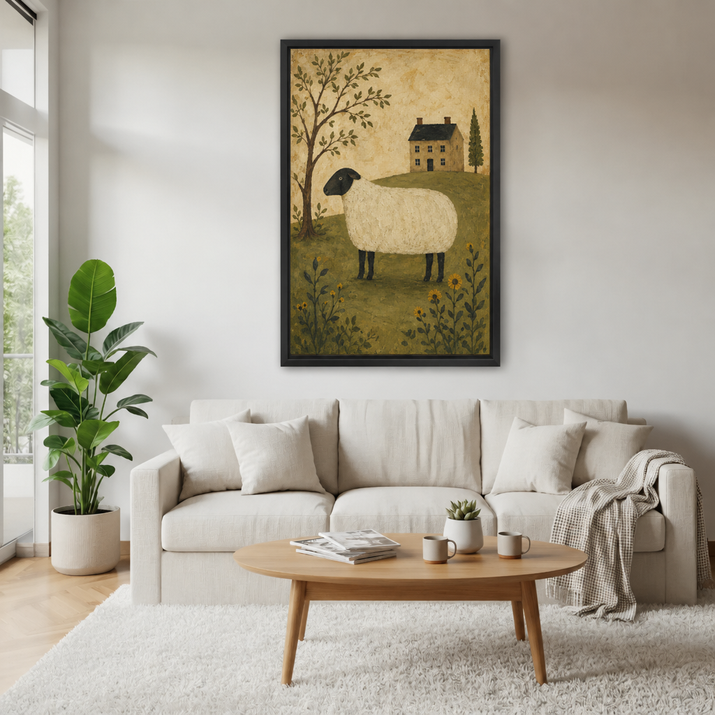 Rustic folk art sheep wall art above a cream sofa with a wooden coffee table and leafy plant.