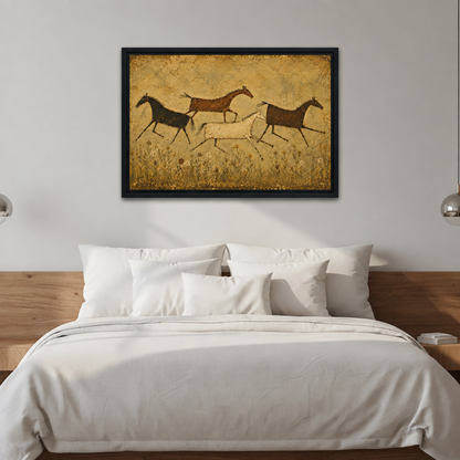 Framed rustic folk art wild horses canvas wall art mounted above a white bed headboard in a bedroom.