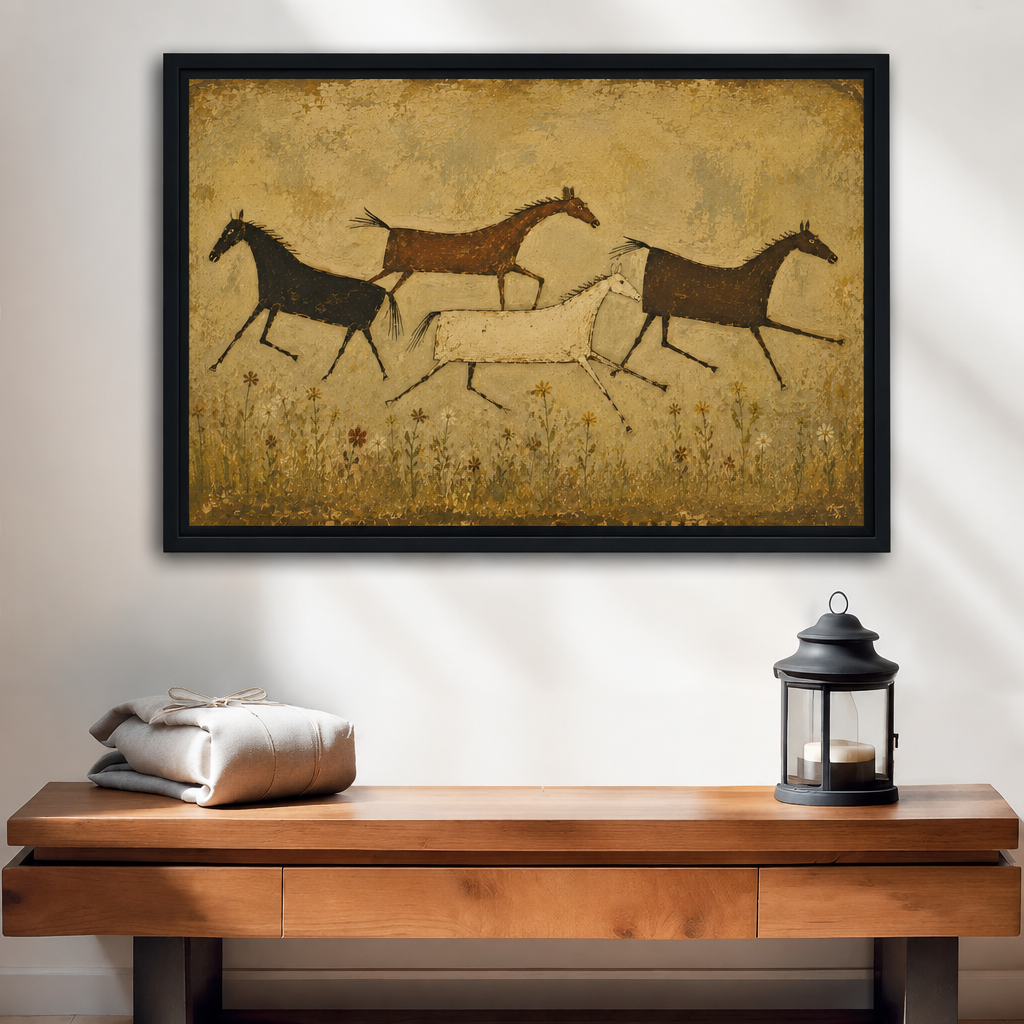 Framed rustic folk art wild horses canvas wall art hanging above a wooden console table with a lantern.