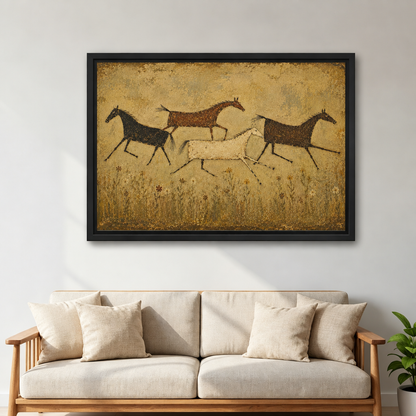 Rustic folk art wild horses canvas wall art in a black frame above a beige linen sofa in a living room.