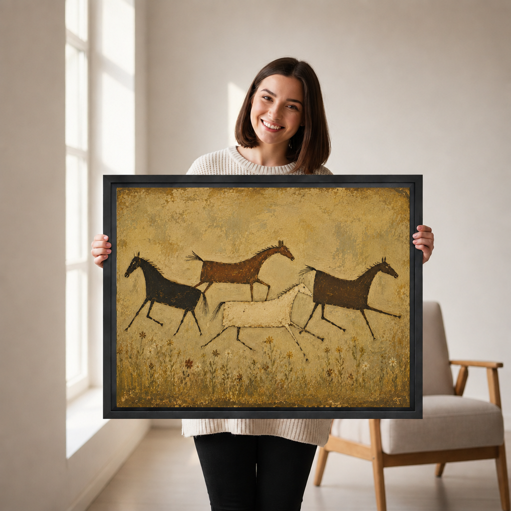 Smiling woman holding a framed rustic folk art wild horses canvas wall art print by a sunlit window.