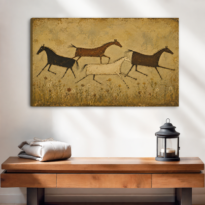 Unframed gallery-wrap rustic folk art wild horses canvas wall art displayed above a console table setup.