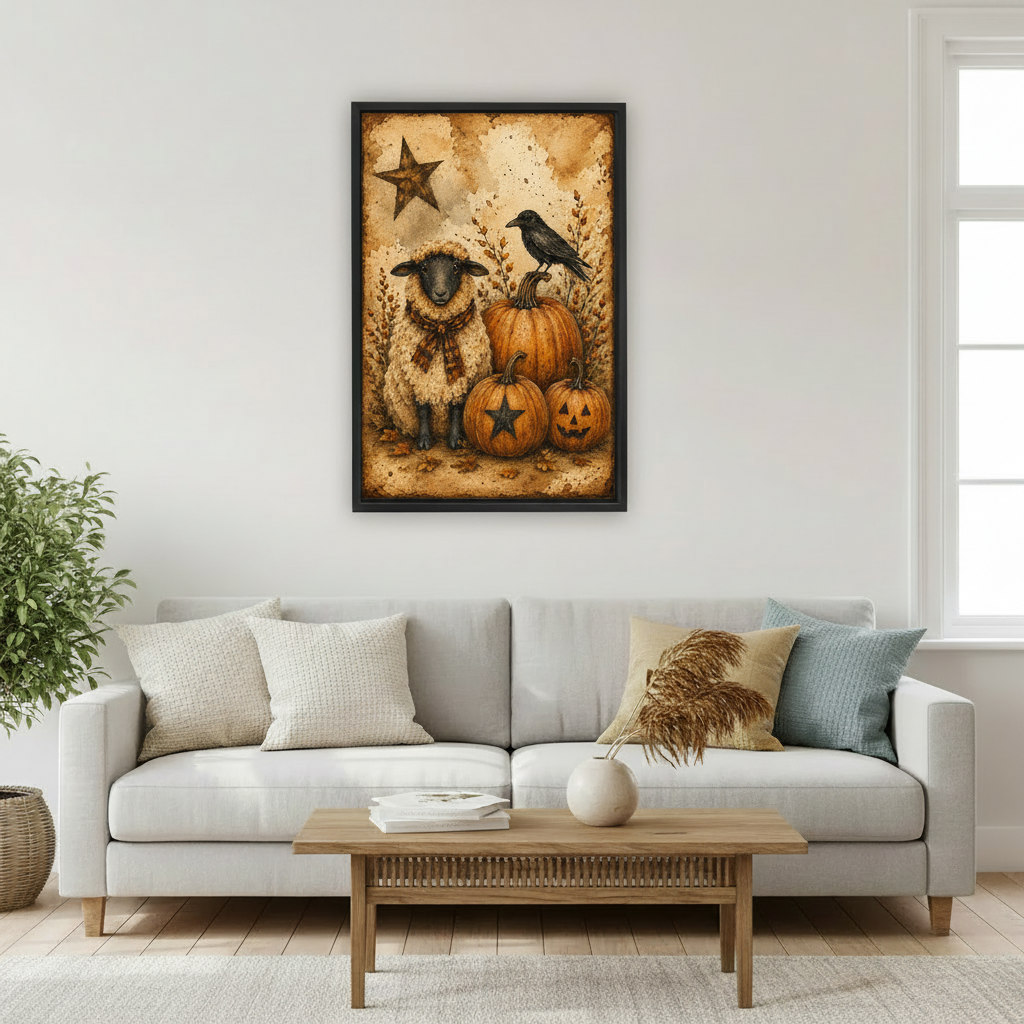 Rustic gothic sheep and crow Halloween canvas wall art with pumpkins displayed above a sofa in a bright living room
