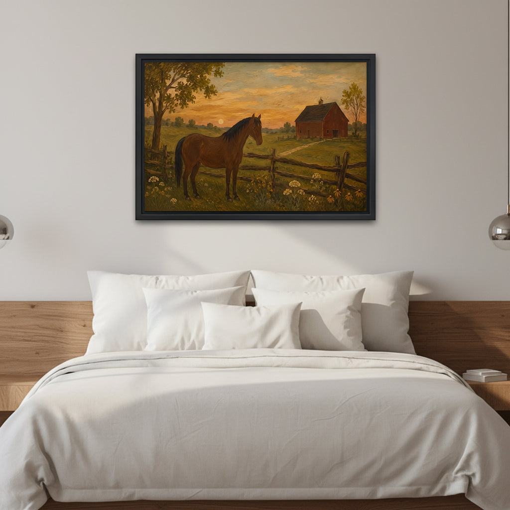 Framed horse farm sunset wall art above a white bed with a wooden headboard and globe pendant lights
