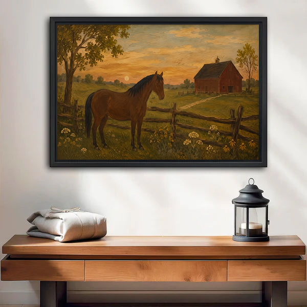 Rustic horse farm sunset canvas wall art in a black frame above a wooden bench with a black candle lantern