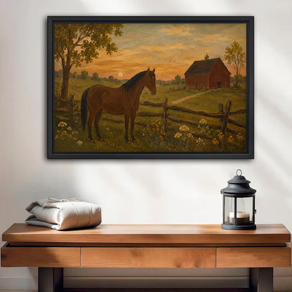 Rustic horse farm sunset canvas wall art in a black frame above a wooden bench with a black candle lantern