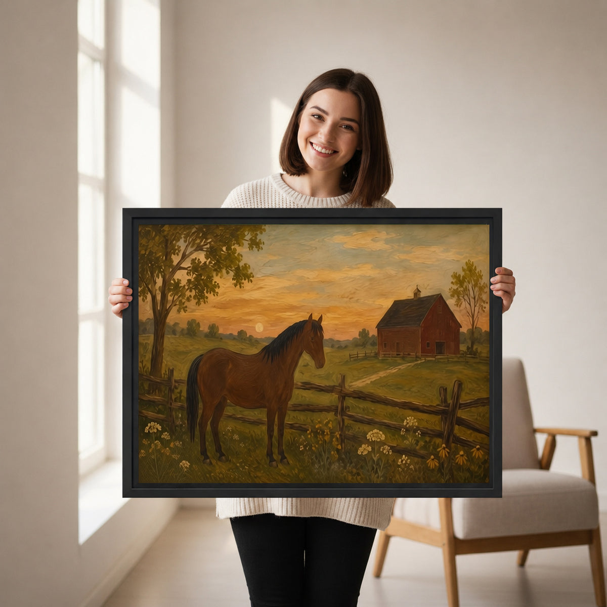 Smiling woman holding framed rustic horse farm canvas wall art with a bay horse and red barn