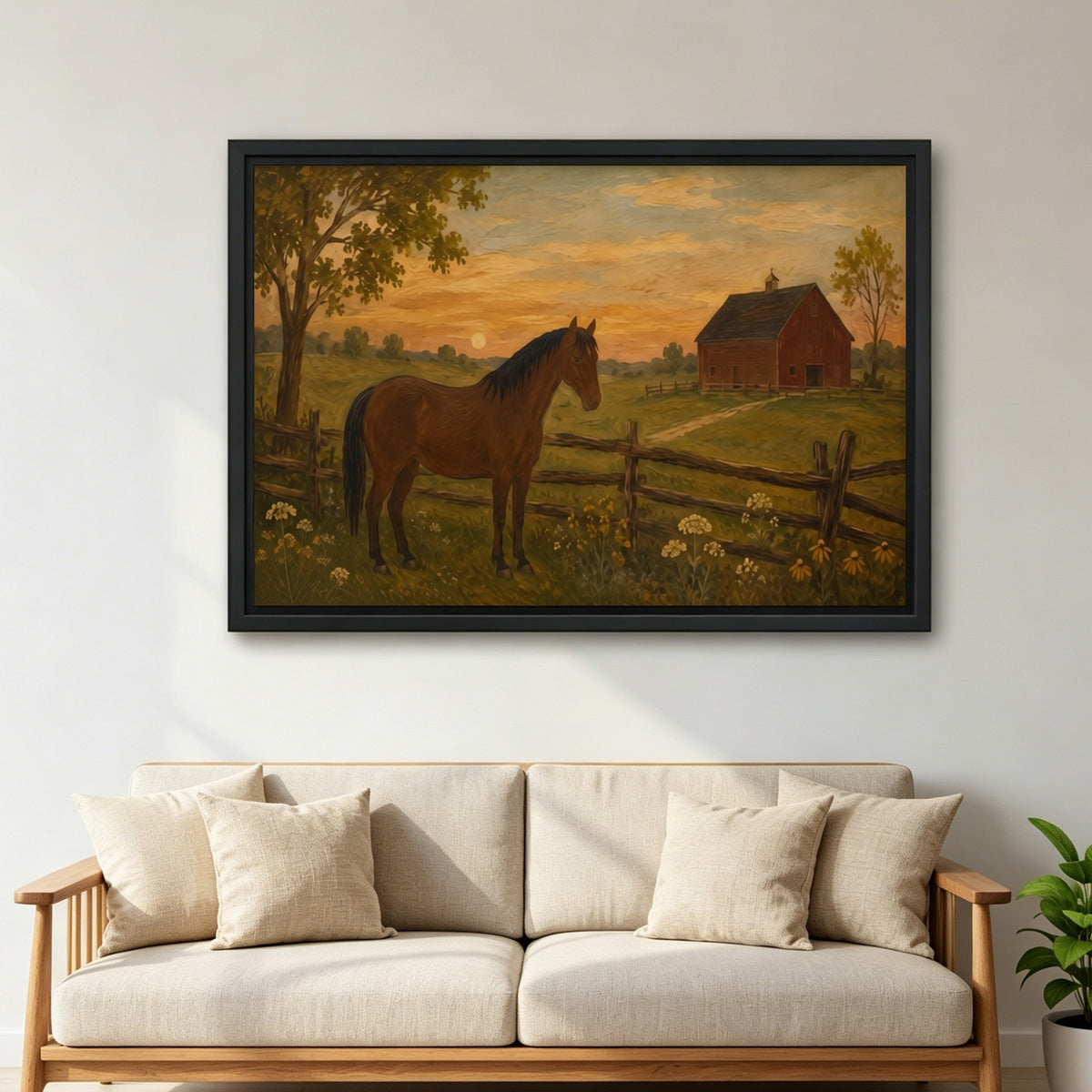 Large framed horse farm sunset canvas wall art hanging above a cream sofa with linen cushions