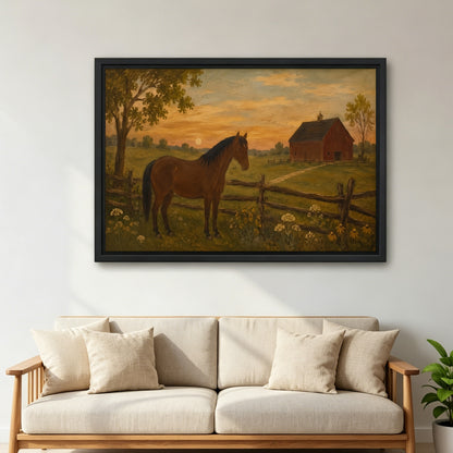 Large framed horse farm sunset canvas wall art hanging above a cream sofa with linen cushions