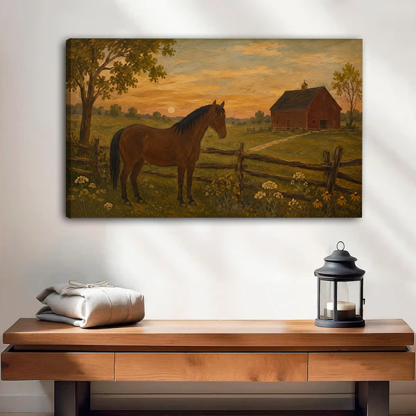 Gallery-wrap rustic horse farm canvas wall art showing the left canvas edge above a wooden bench